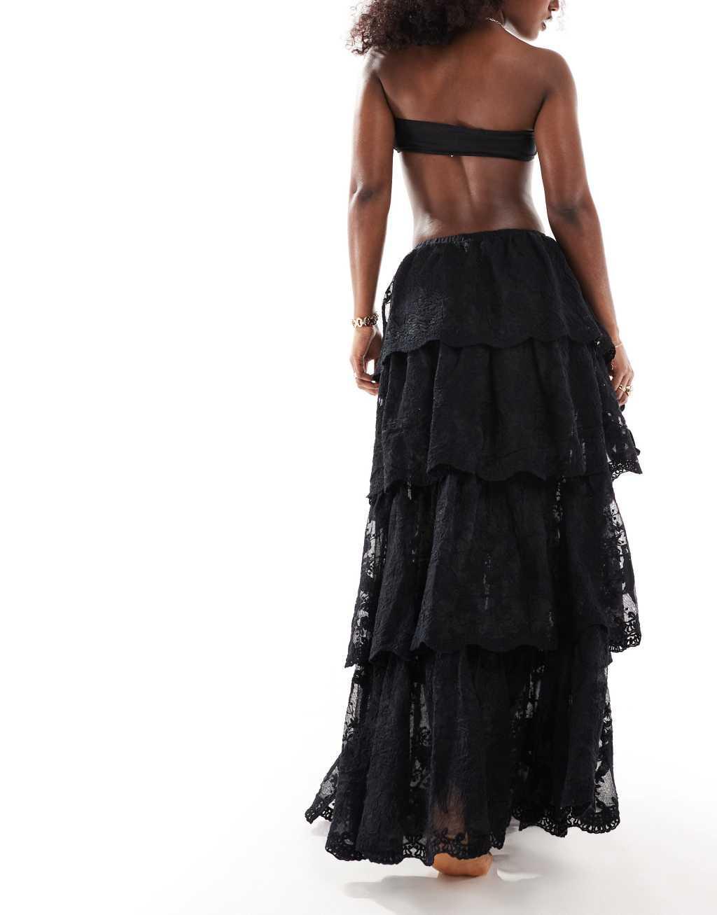 Miss Selfridge premium beach tiered lace maxi skirt in black Product Image