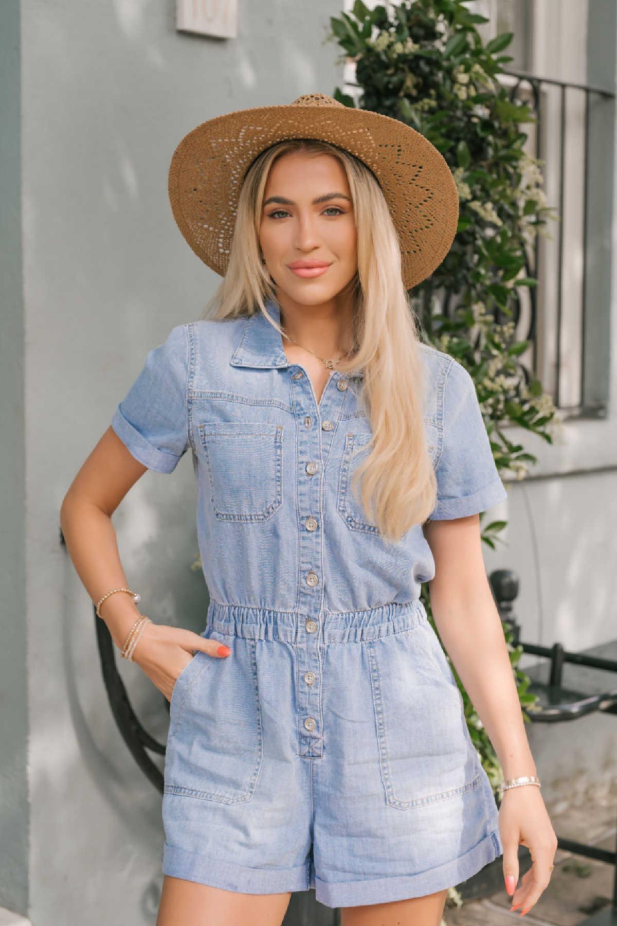 Light Wash Short Denim Romper - FINAL SALE Product Image