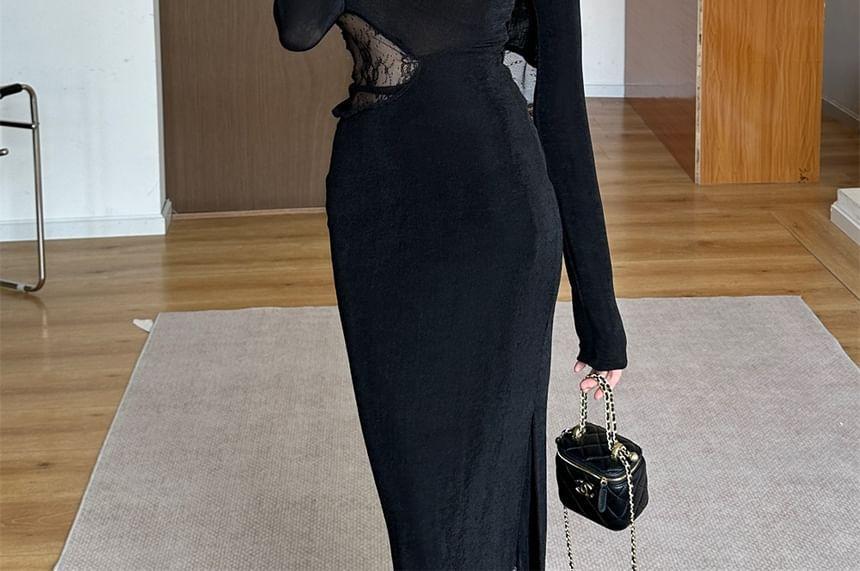 Long Sleeve One Shoulder Plain Panel Lace Maxi Sheath Dress Product Image