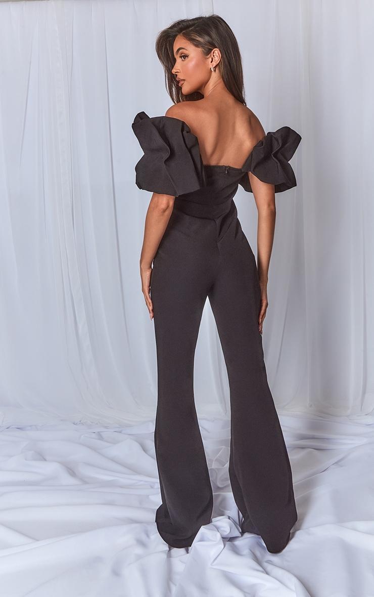 Black Woven Pleated Corset Detail Bardot Frill Jumpsuit. Product Image