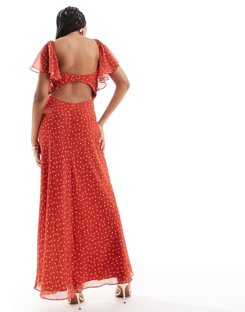 ASOS DESIGN satin corset detail chiffon bias maxi dress with flutter sleeve in micro spot Product Image