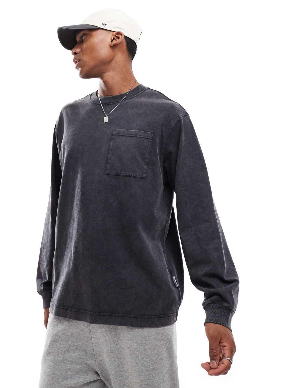 ONLY & SONS oversized long sleeve t-shirt in washed black Product Image