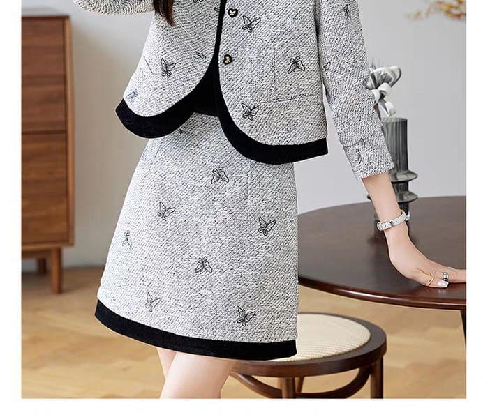 Set: Round Neck Butterfly Buttoned Jacket + High Waist Mini A-Line Skirt Product Image