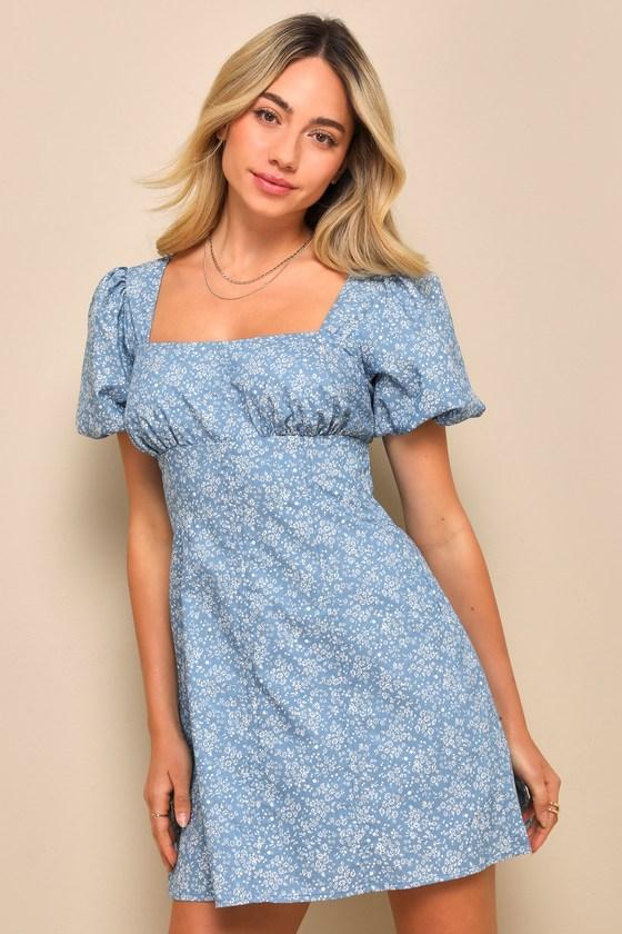 Flawless Darling Blue Floral Chambray Tie-Back Mini Dress Product Image