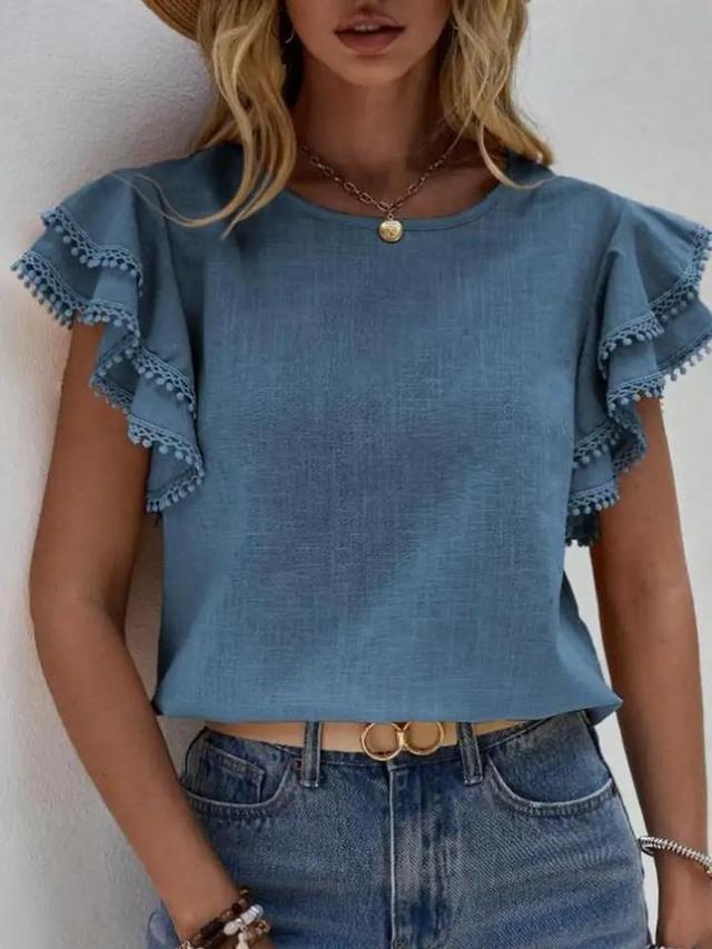 Lily Clothing® Ladies' Blue Round Neck Ruffle Sleeve Top Product Image