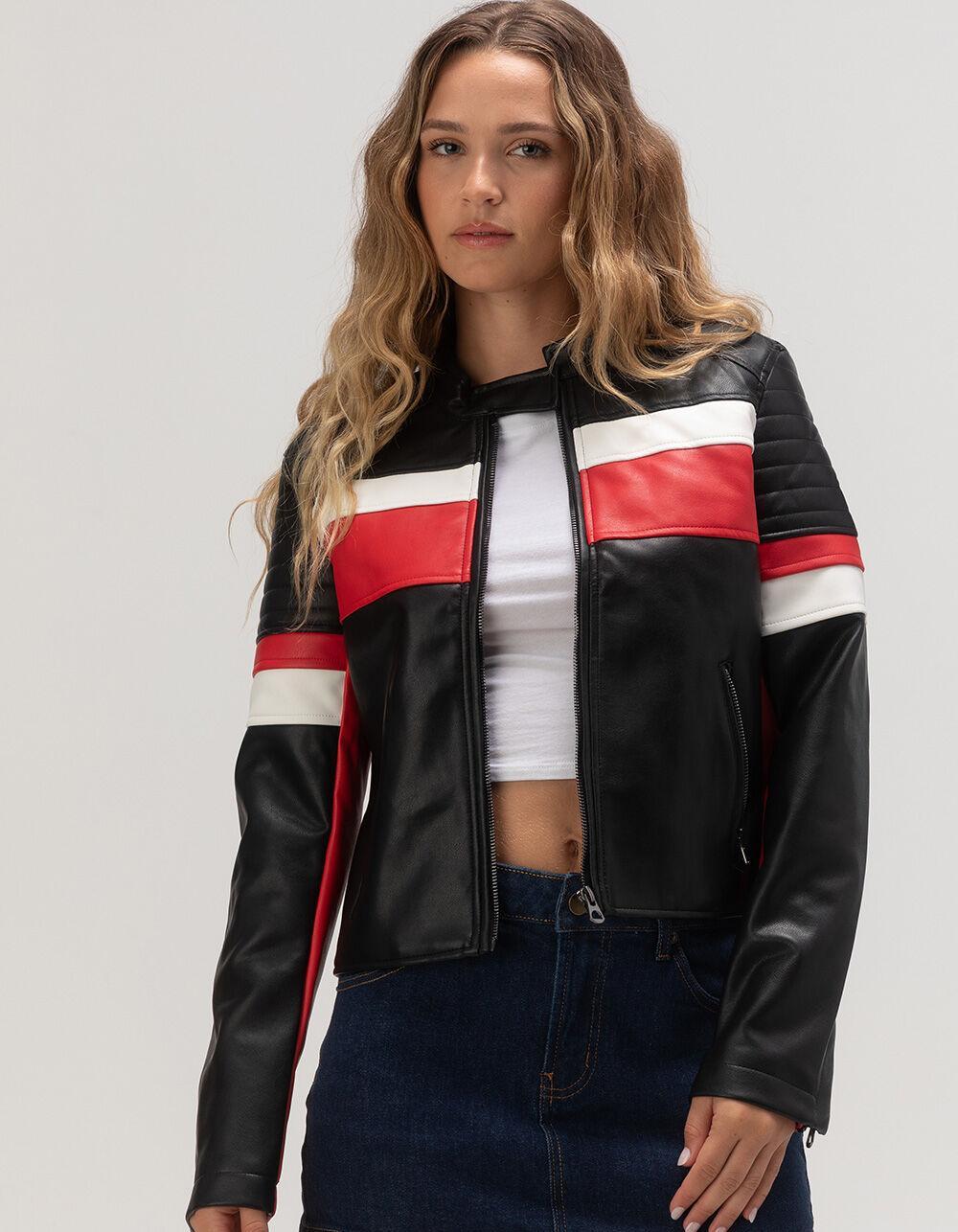 ASHLEY Stripe Racing Faux Leather Womens Jacket Product Image