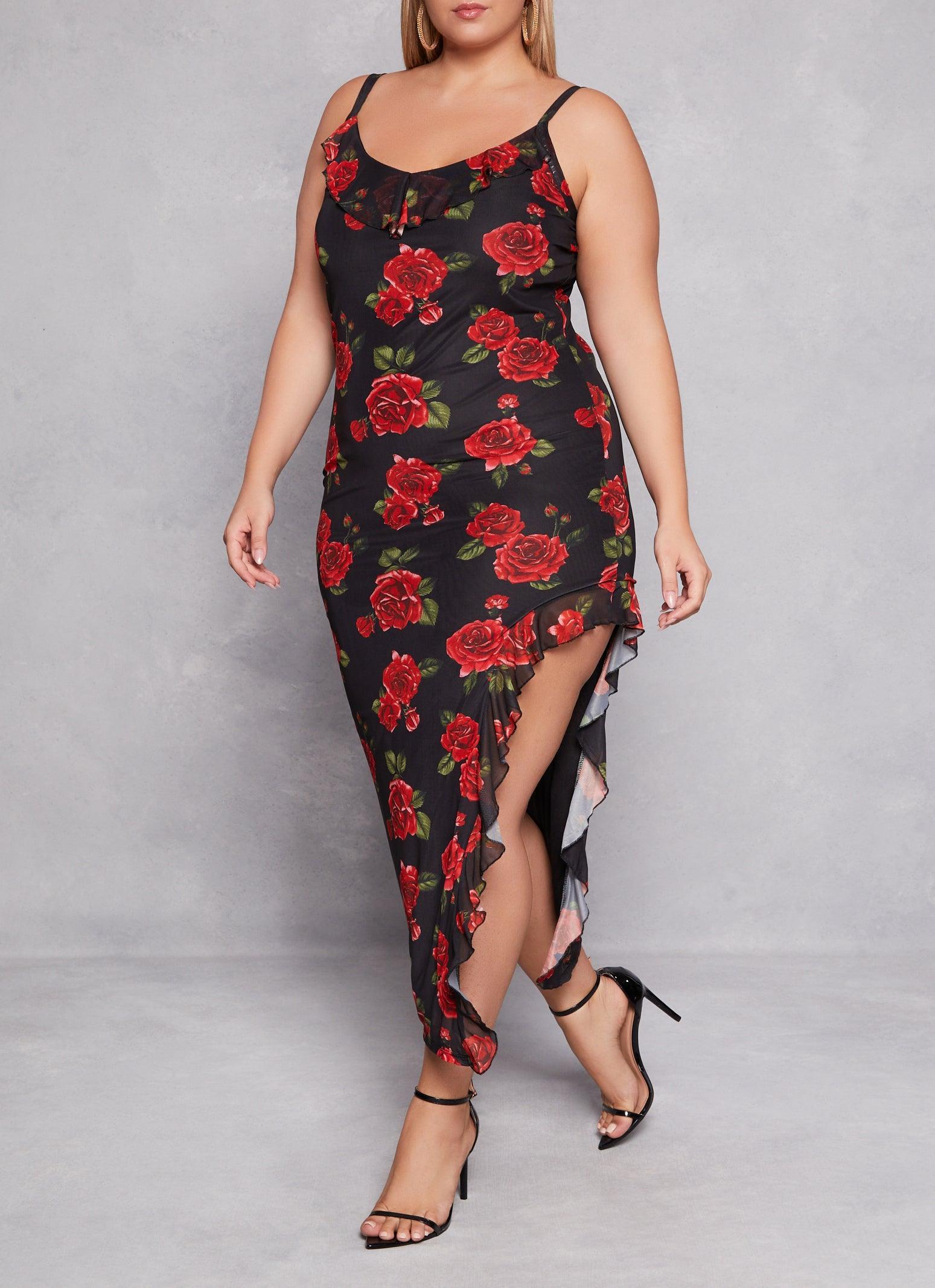 Womens Plus Size Almost Famous Floral Print Asymmetrical Cami Dress Product Image