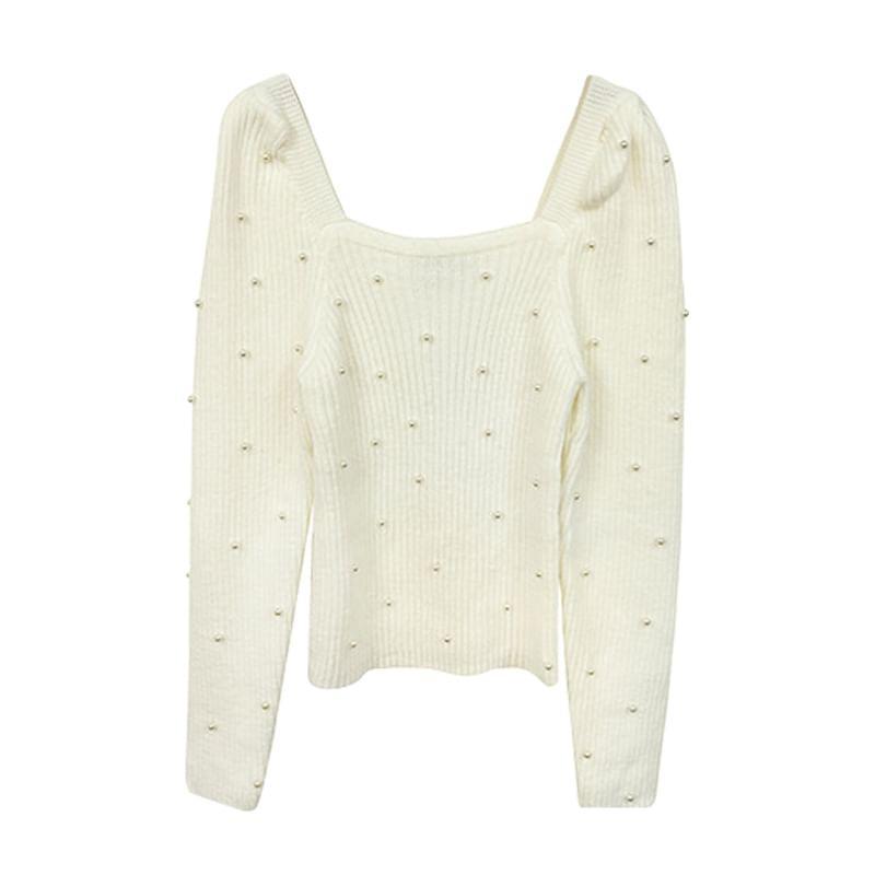 Long Sleeve Square Neck Faux Pearl Detail Sweater Product Image