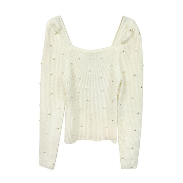 Long Sleeve Square Neck Faux Pearl Detail Sweater Product Image