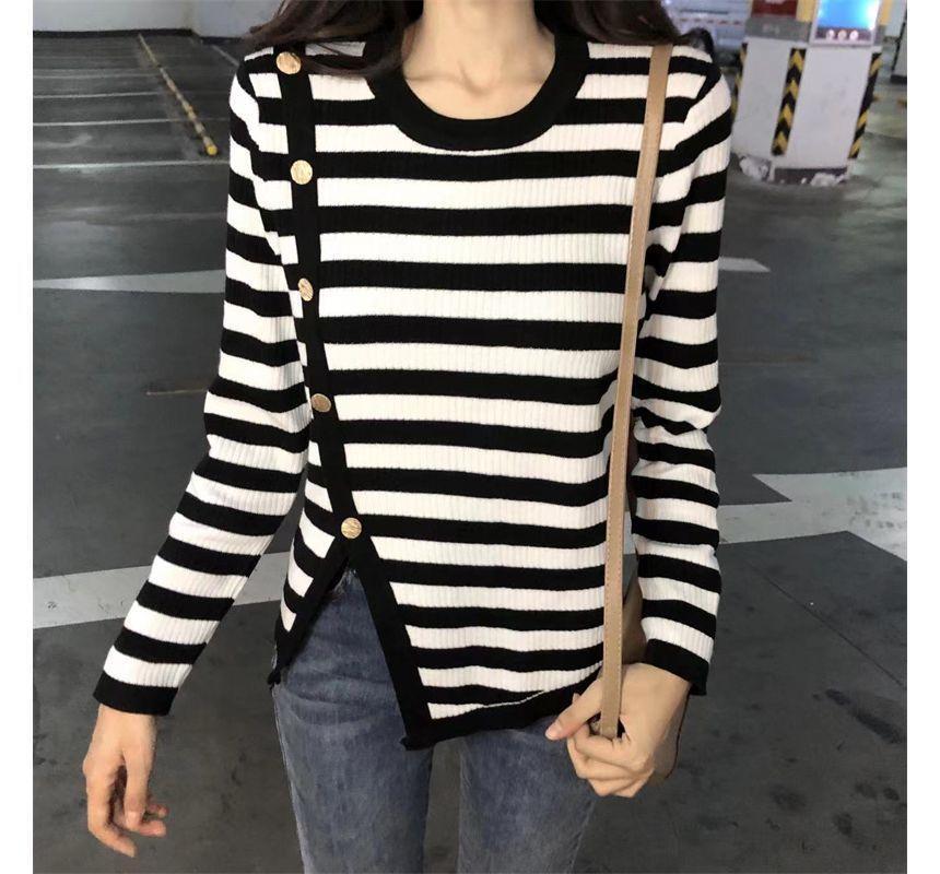 Long-Sleeve Irregular Button-Up Striped Knit Top Product Image