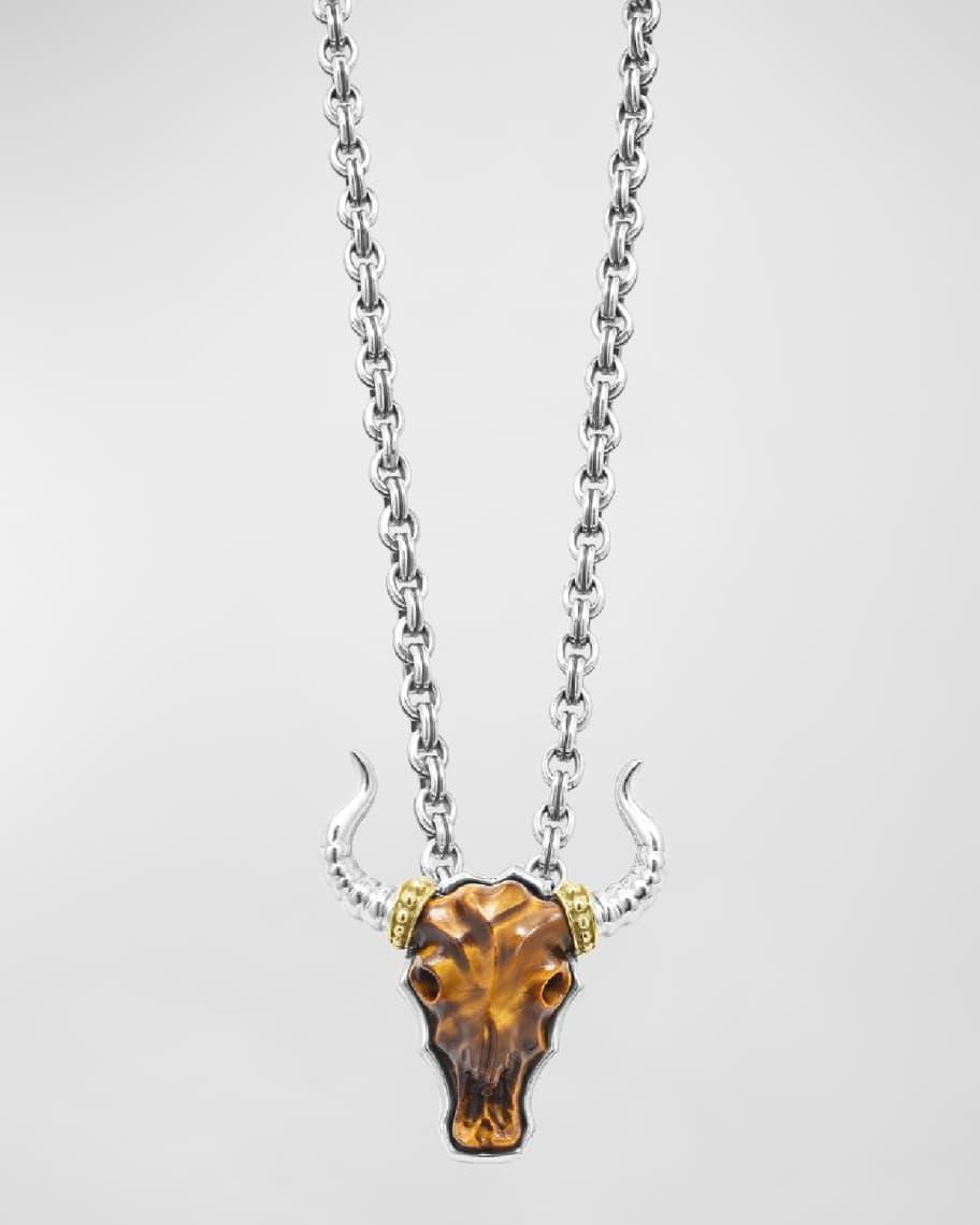 Mens Sterling Silver and 18K Gold Anthem Tigers Eye Longhorn Pendant Necklace Product Image