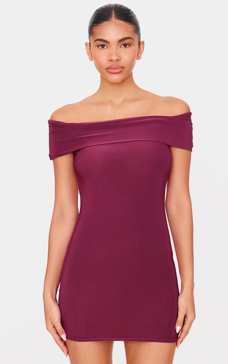 Plum Double Layer Soft Touch Bardot Twist Back Mini Dress Product Image