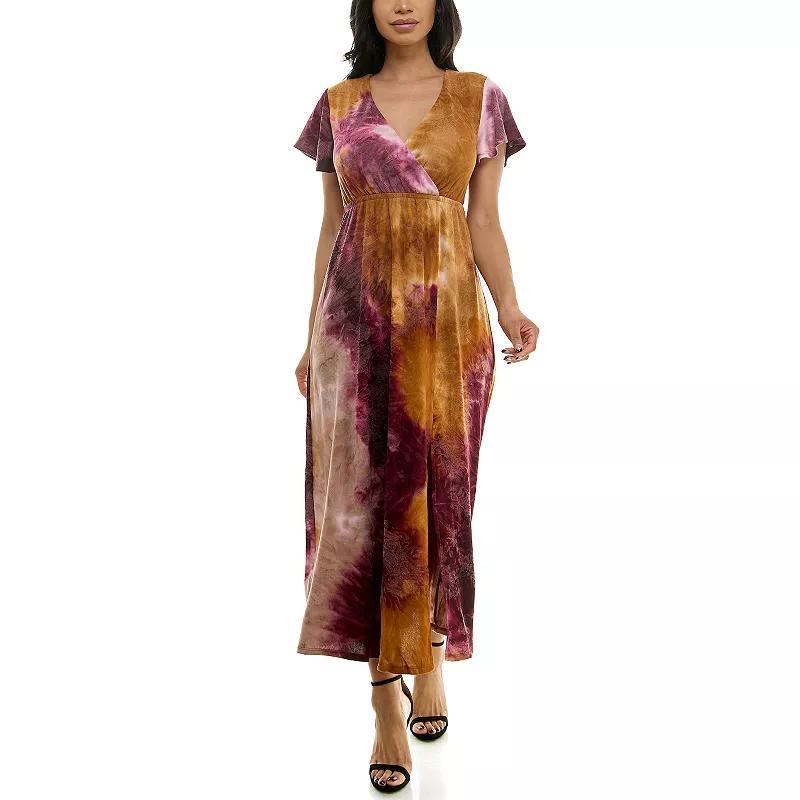 Womens Nina Leonard Tie Dye Print Flutter Sleeve V-Neck Maxi Dress Green Team Product Image