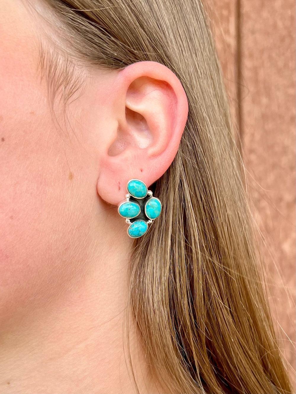 Turquoise Cluster Sterling Silver Navajo Earrings Product Image