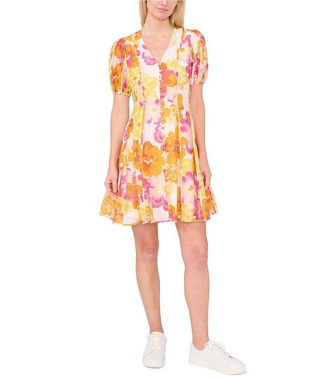 CeCe Floral V-Neck Short Sleeve Floral Button Front Dress Product Image