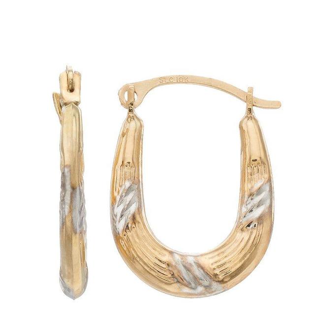 Two Tone 10k Gold Textured Oval Hoop Earrings, Womens, Multicolor Product Image