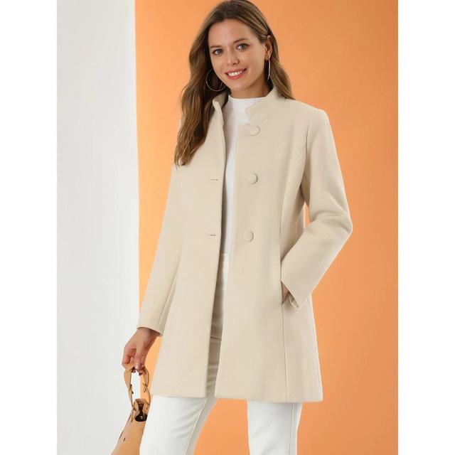 Allegra K Women's Winter Stand Collar Single Breasted Mid-thigh Long Overcoat Beige Small Product Image