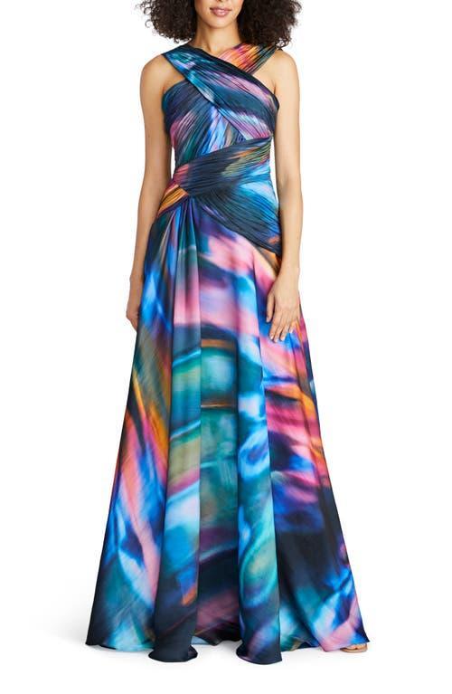 Theia Stacy Abstract Print Crossover Neck Faux Wrap Gown Product Image