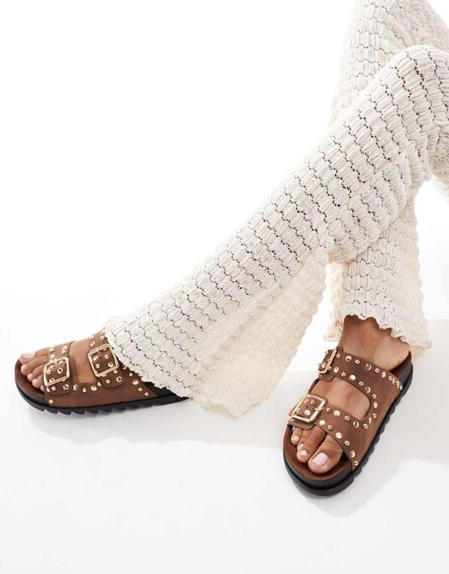 ASOS DESIGN Fantasy studded flat sandals in brown Product Image