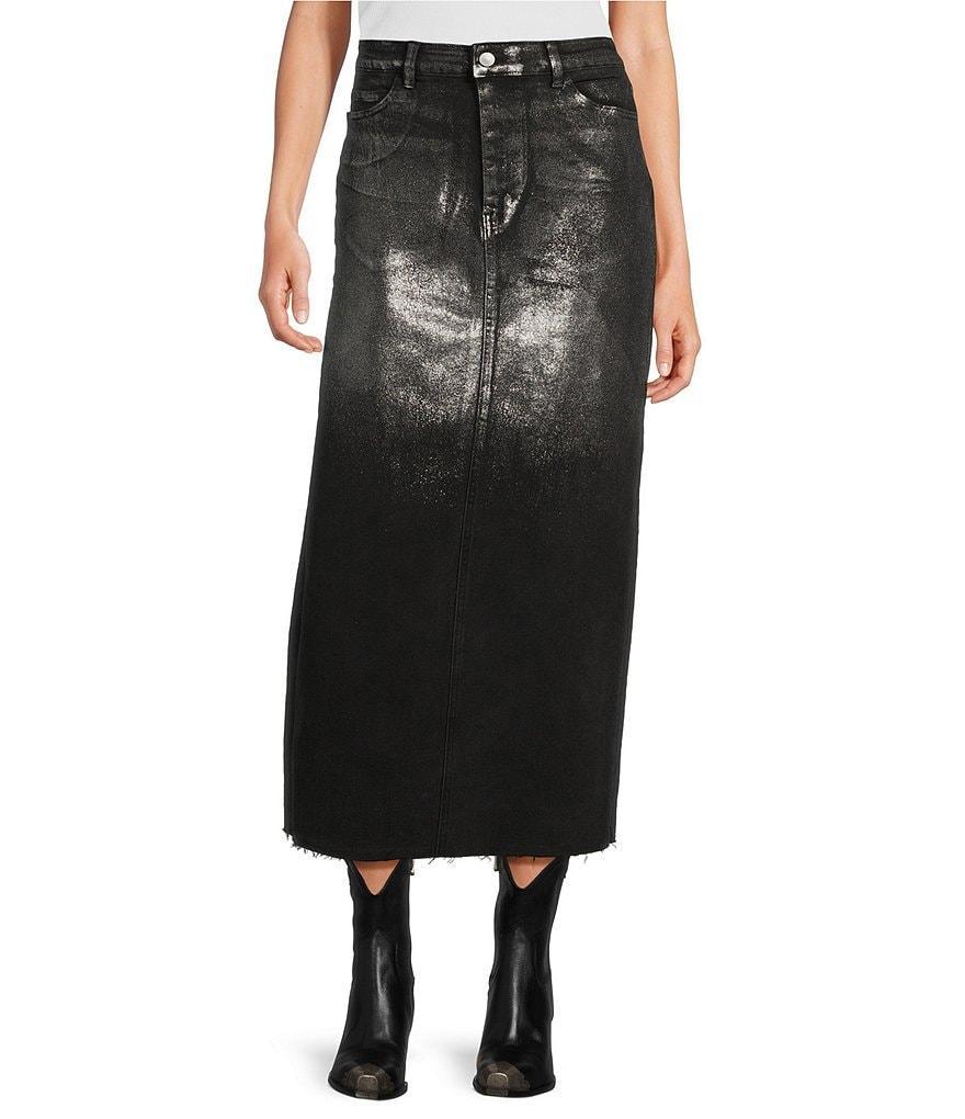 Reba Coated Denim Metallic Ombre High Rise 5-Pocket Back Hem Slit Pencil Midi Length Skirt Product Image