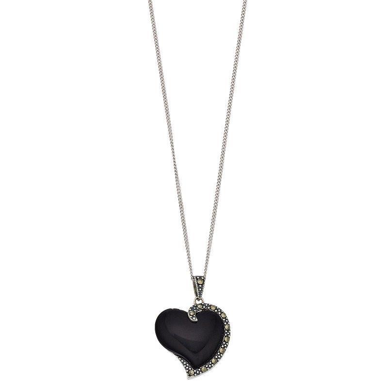 Tori Hill Sterling Silver Onyx & Marcasite Heart Pendant Necklace, Womens Product Image