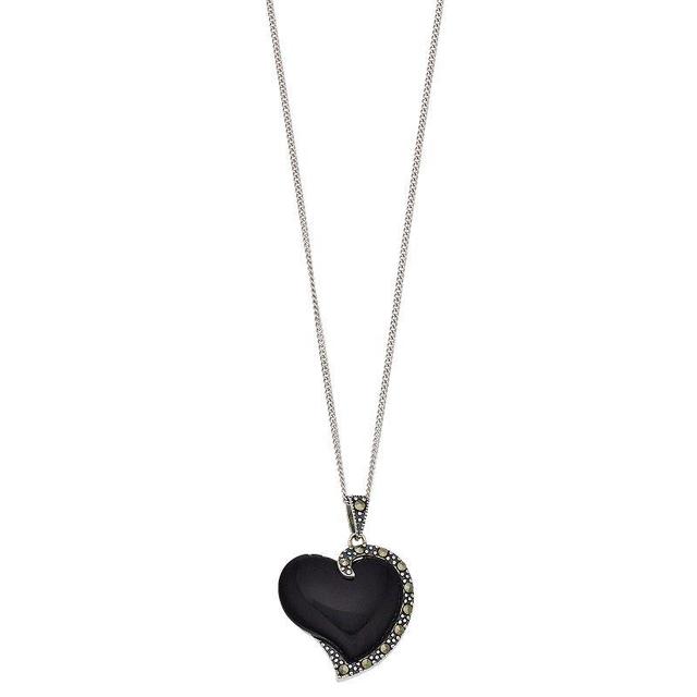 Tori Hill Sterling Silver Onyx & Marcasite Heart Pendant Necklace, Womens Product Image