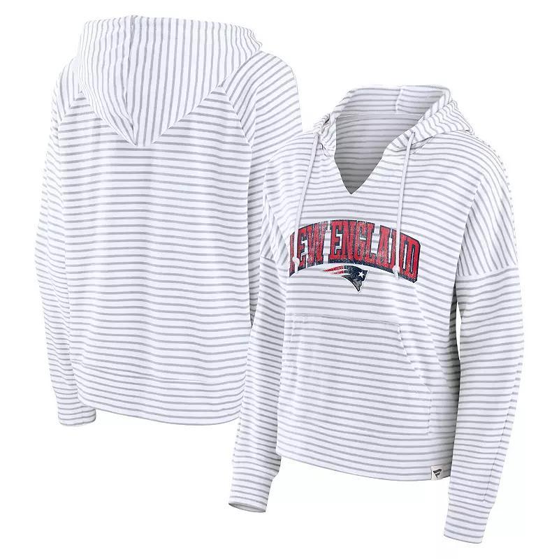 Fanatics Womens White New England Patriots Striped Notch Neck Pullover Hoodie - White, Gray Product Image