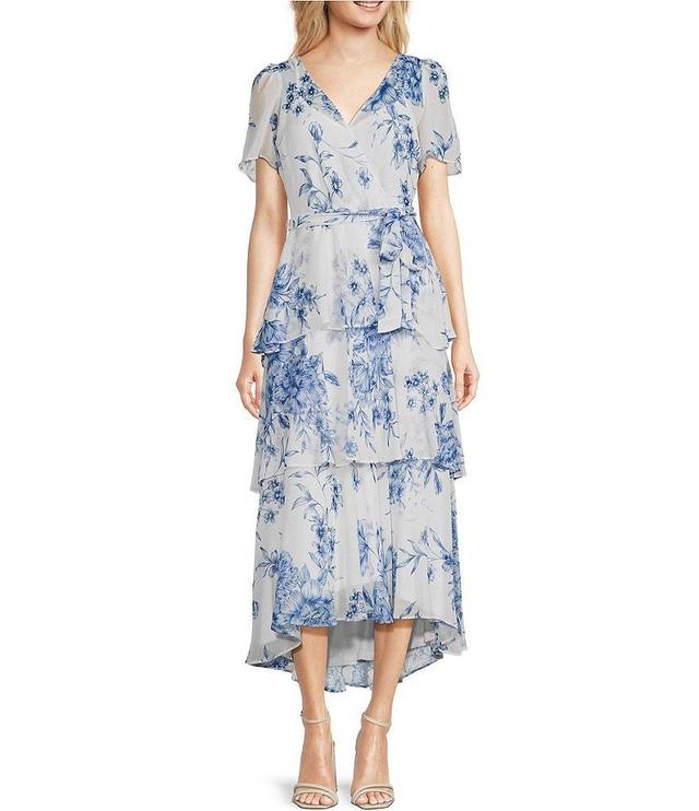 Calvin Klein Short Sleeve V-Neck Tiered Skirt Tie Waist Printed Midi Dress Product Image