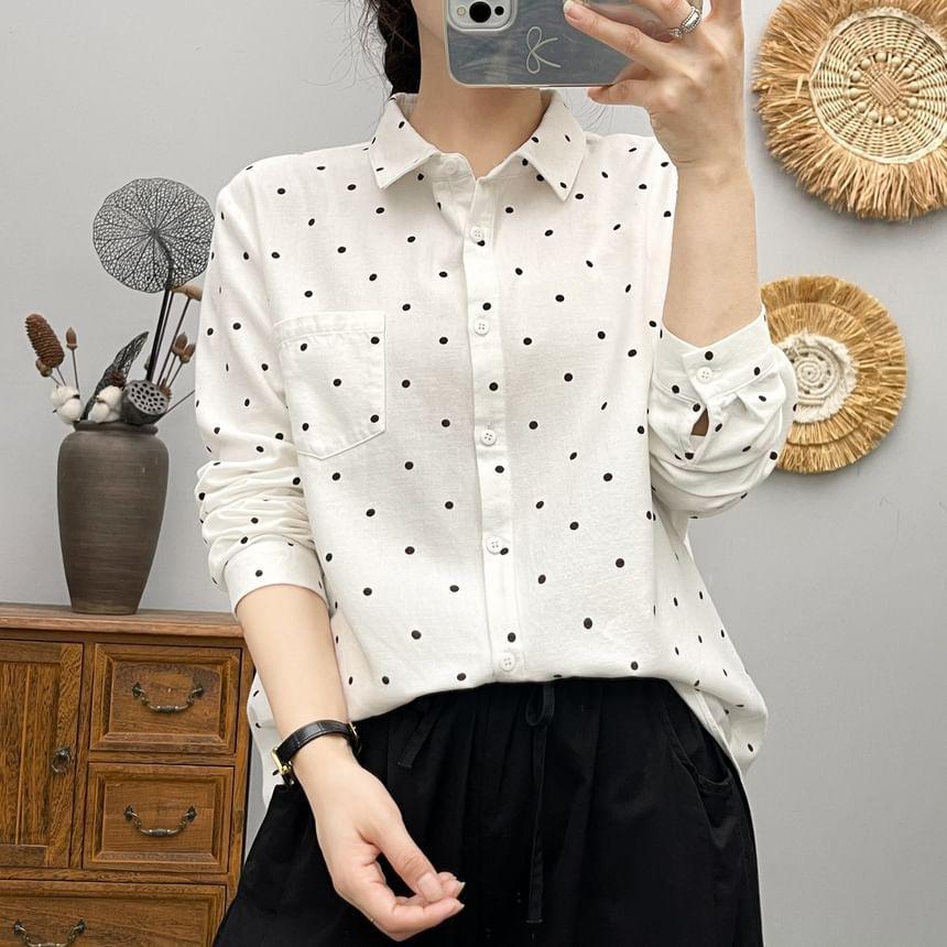 Long Sleeve Lapel Collar Dotted Button Shirt Product Image