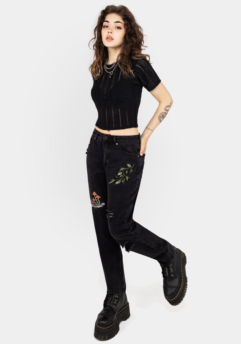 Swamplife Frog Embroidered Distressed Mom Jeans Product Image