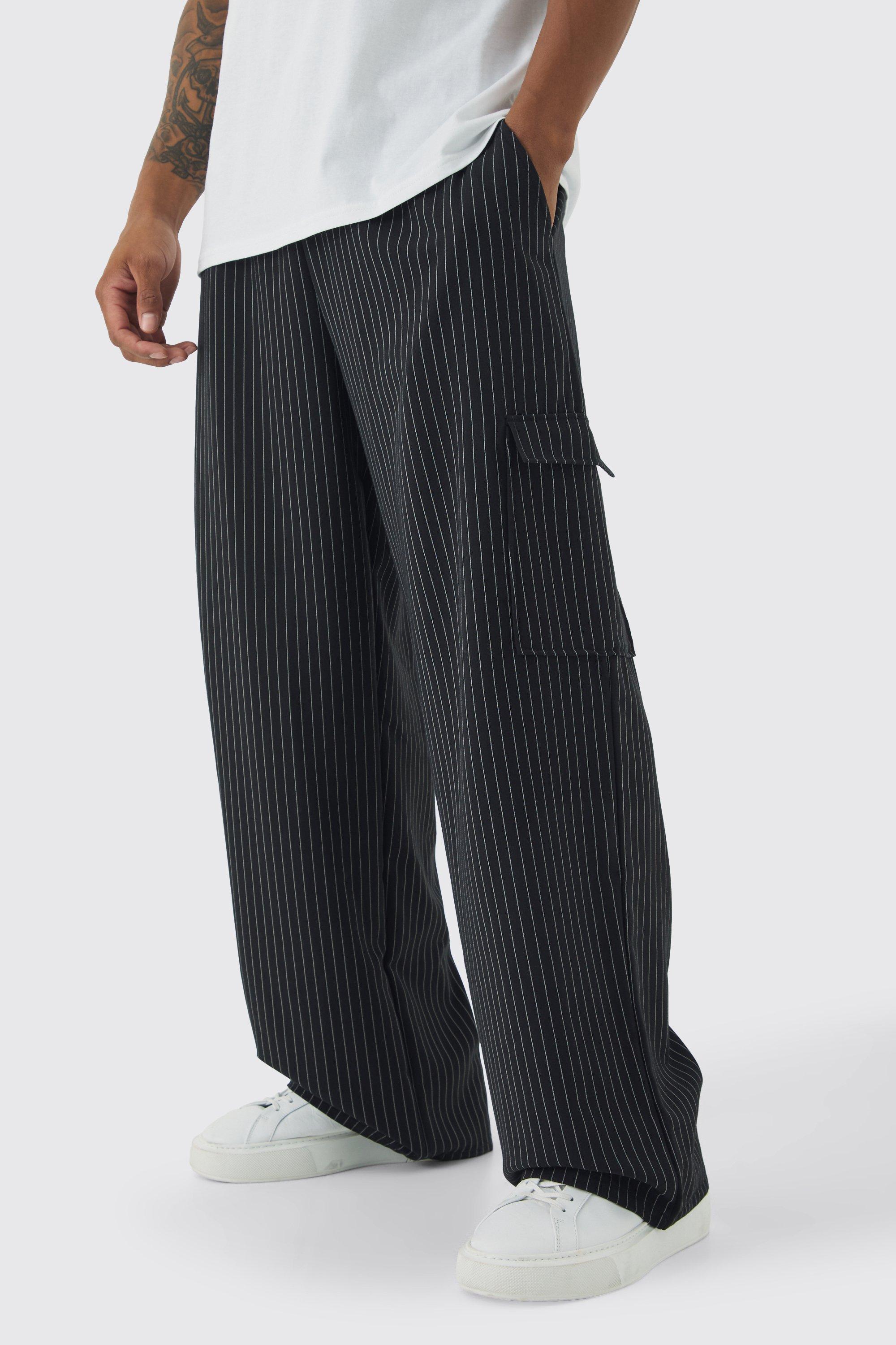 Mens Black Elasticated Waist Baggy Pinstripe Cargo Trousers, Black product image