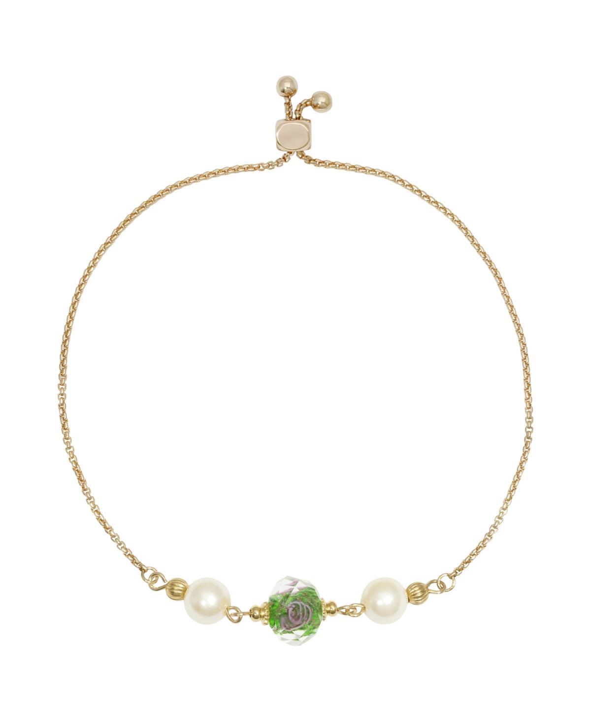 1928 Gold Tone Simulated Crystal Olivine Flower and Simulated Pearl Bracelet, Womens, Blue Product Image