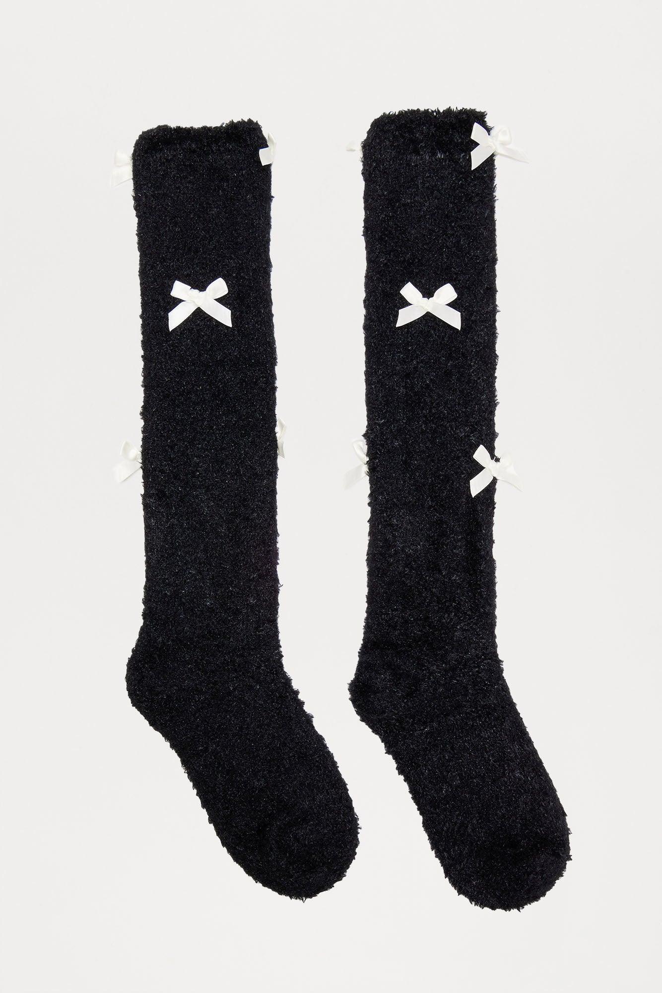 Fuzzy Bow Socks - Black/White Product Image