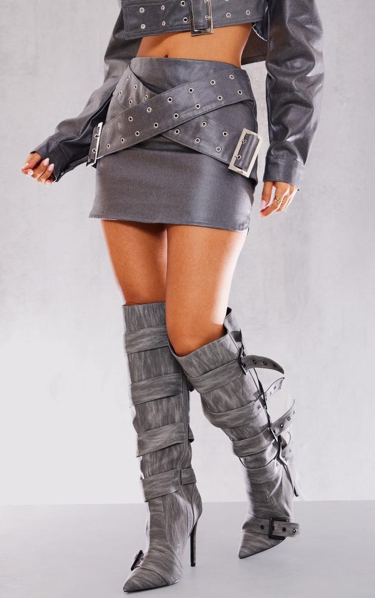  Petite Gunmetal Grey Metallic Coated Denim Buckle Detail Mini Skirt Product Image