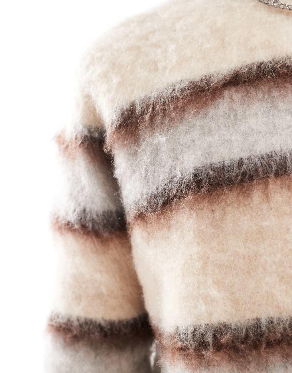 ASOS DESIGN fluffy knitted sweater in ecru and brown stripe Product Image