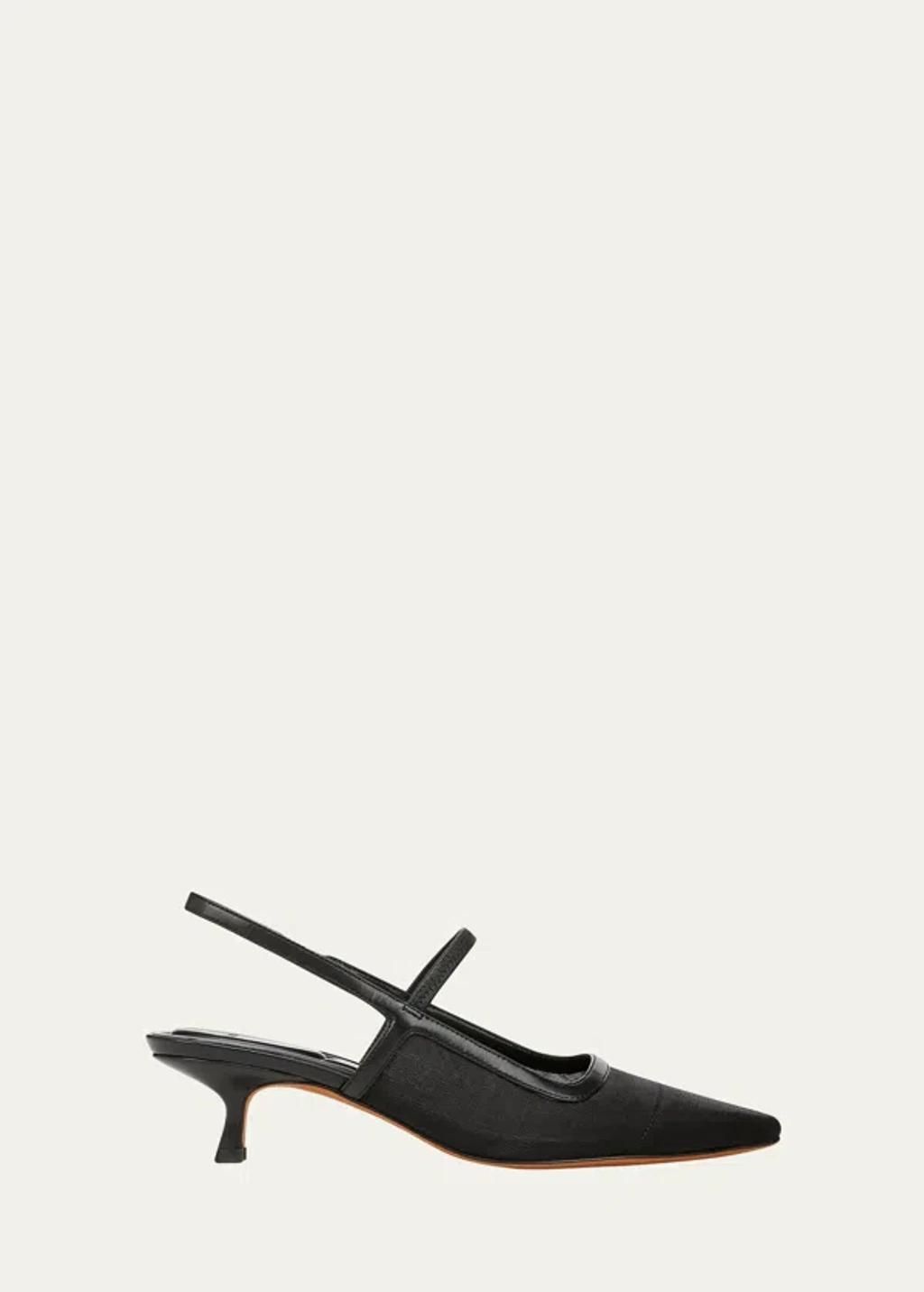 Mesh Leather Kitten Slingback Pumps In Black Leather Product Image