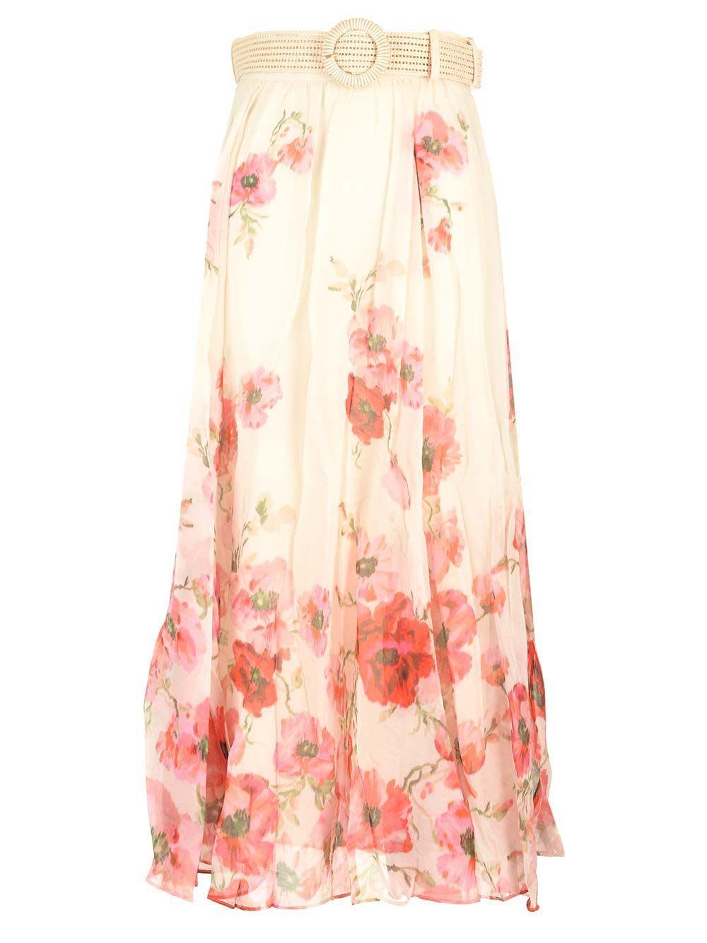 Floral Print Belted Maxi Skirt In Beige Product Image