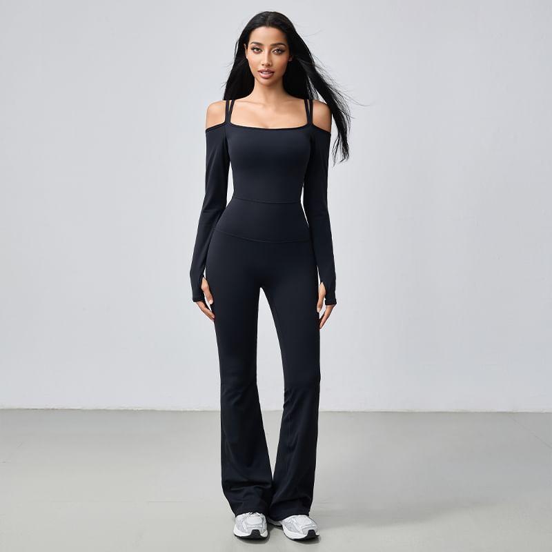 Long Sleeve Cold Shoulder Plain Flared Yoga Jumpsuit Product Image