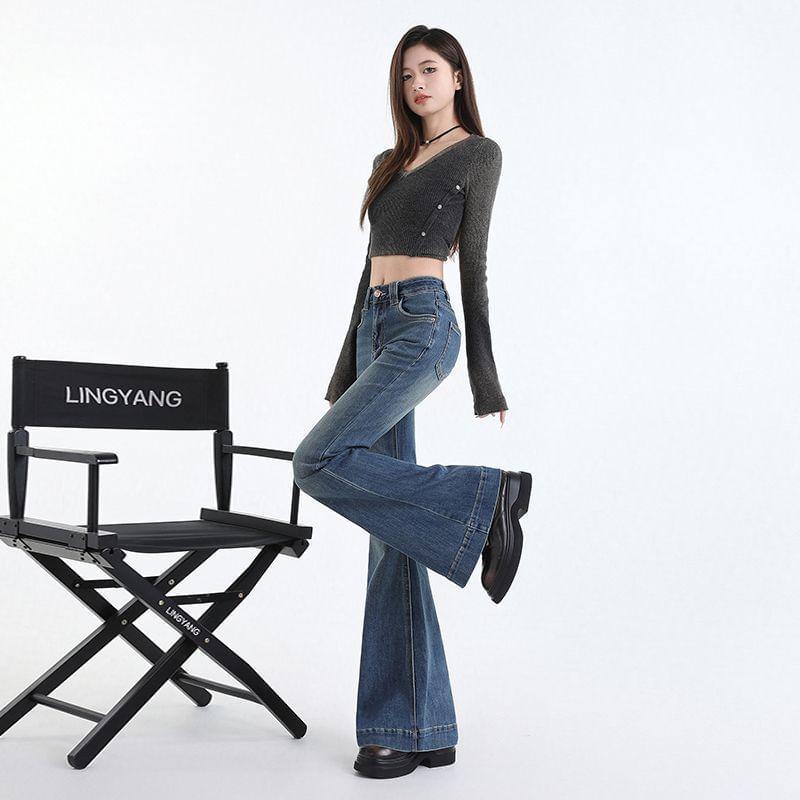 Mid Waist Washed Flared Jeans (Various Designs) Product Image