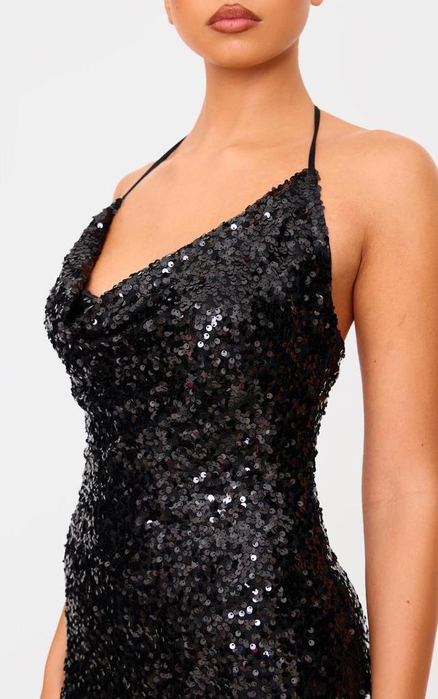 Black Sequin Tie Cowl Halter Neck Bodycon Dress Product Image