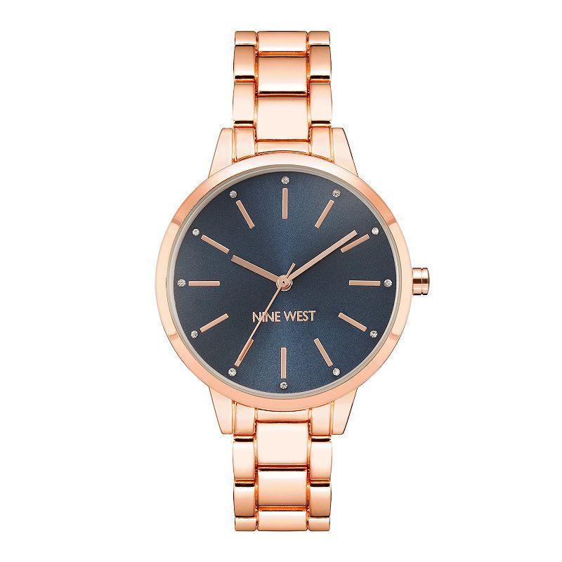 Nine West Womens Gold-Tone Bracelet Watch with Crystal Accents Rose Gold Tone Navy Product Image