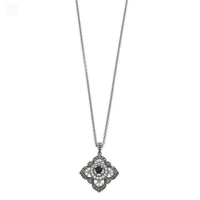 Lavish by TJM Sterling Silver Black Spinel, Marcasite & Cubic Zirconia Accent Filigree Pendant Necklace, Womens Grey Product Image