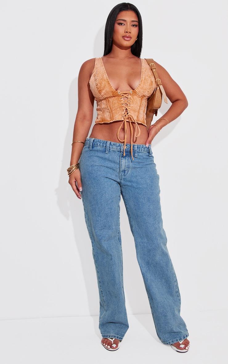 Shape Orange Washed Denim Lace Up Corset Top Product Image