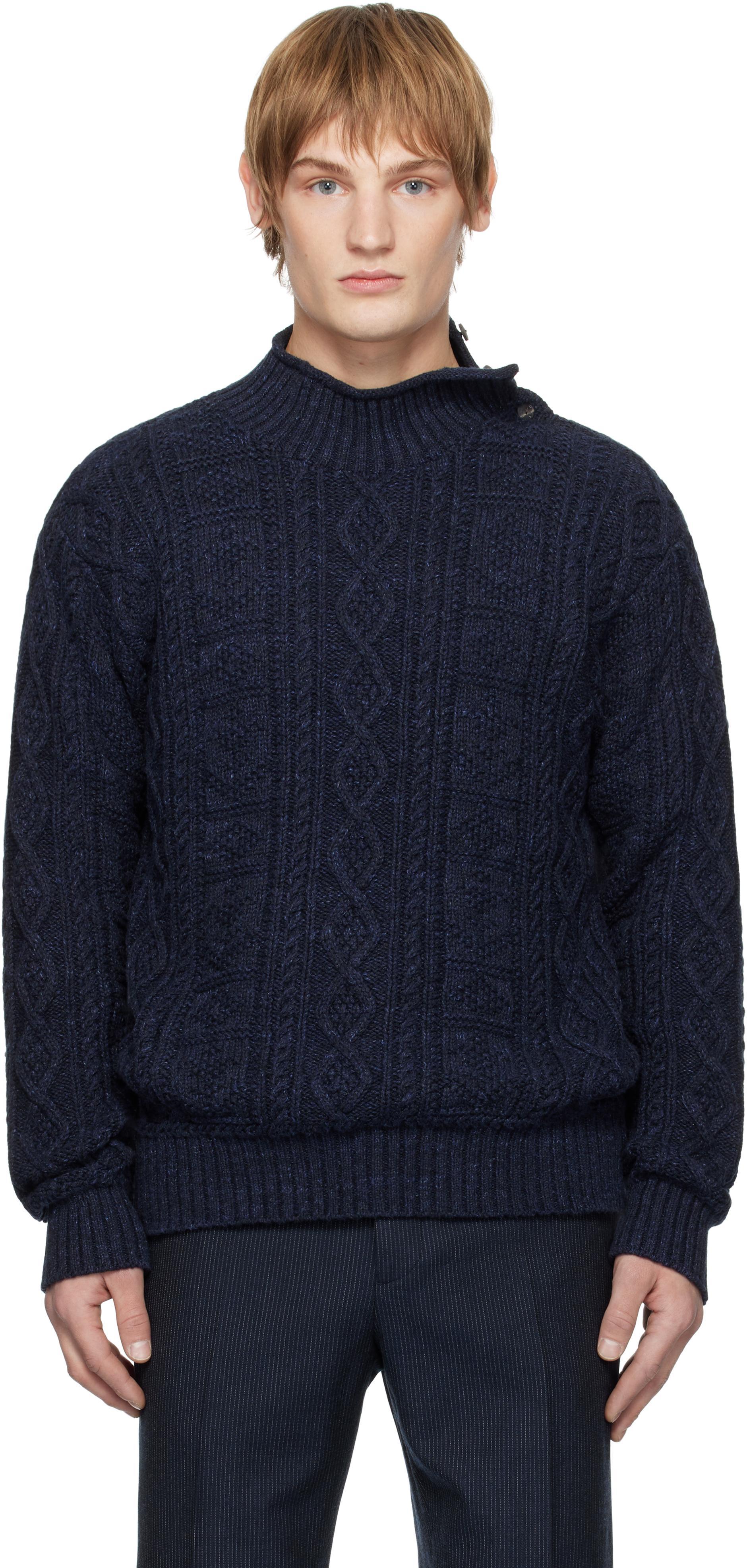 Navy Aran-Knit Cotton Mock Neck Sweater Product Image