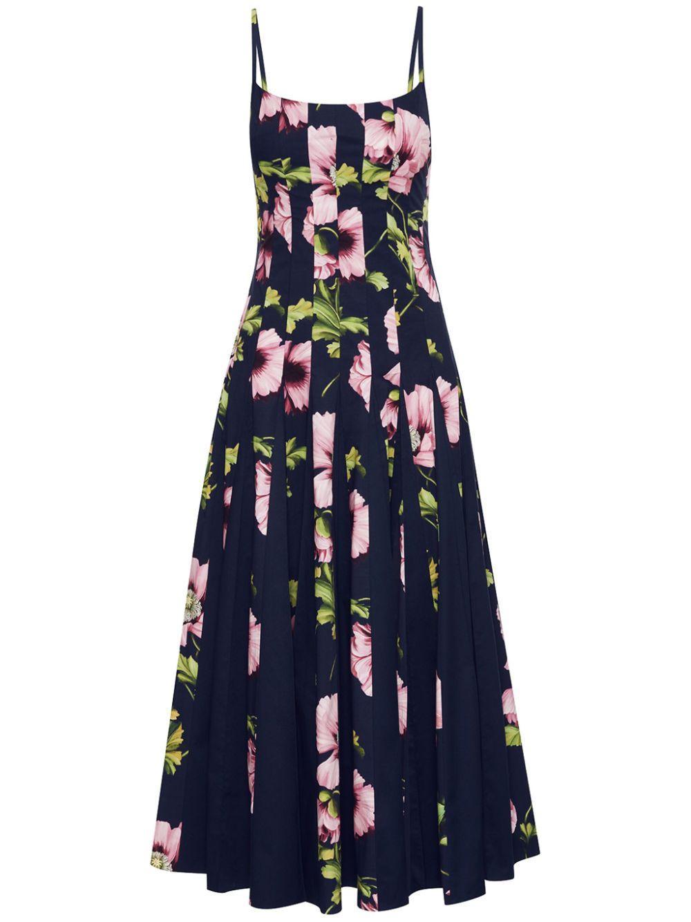 OSCAR DE LA RENTA Poppy Cotton Poplin Inset Dress In Navy Pink Product Image