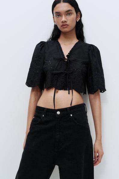 Cropped Blouse with Eyelet Embroidery Product Image