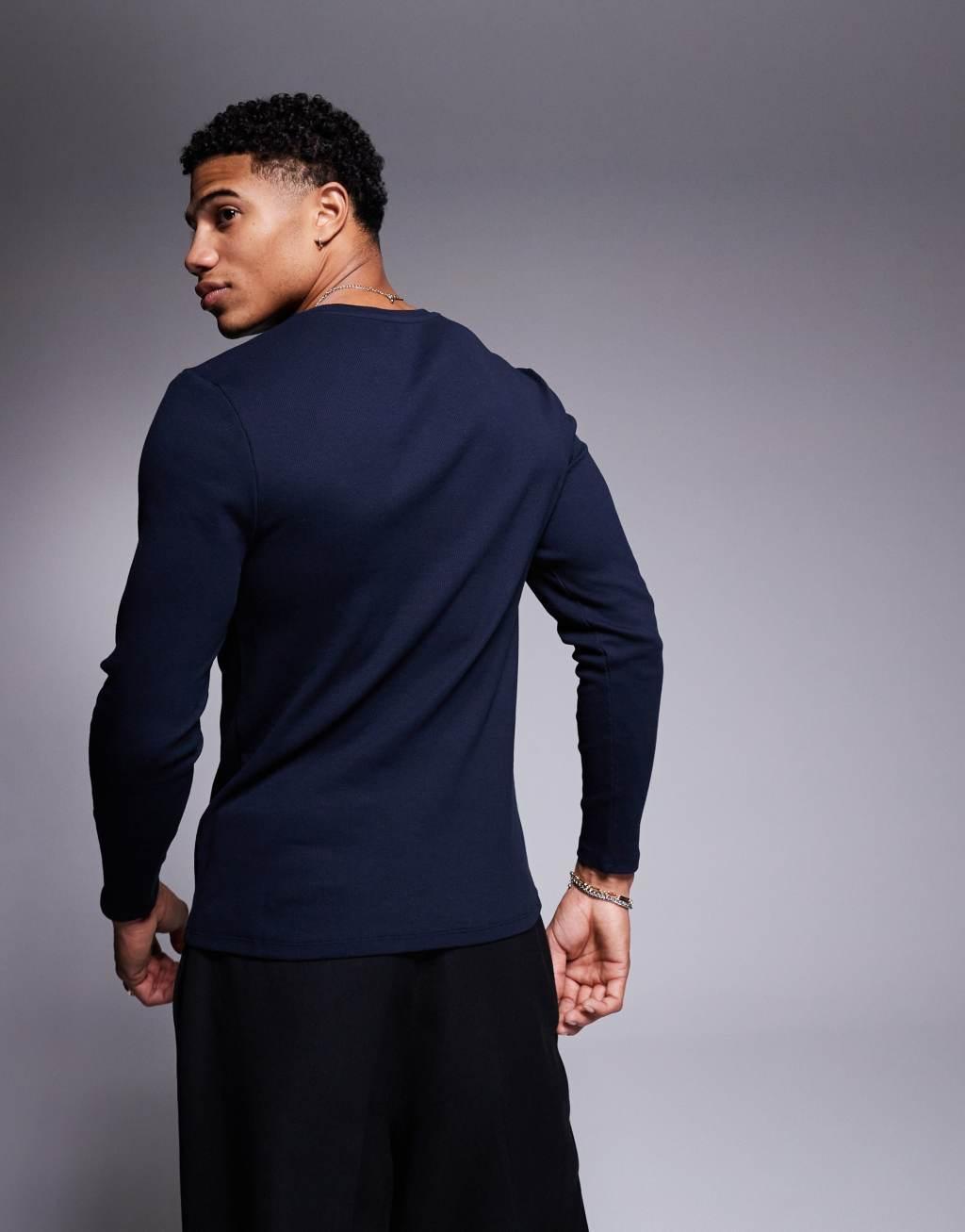 ASOS DESIGN heavyweight muscle fit long sleeve rib t-shirt in navy Product Image