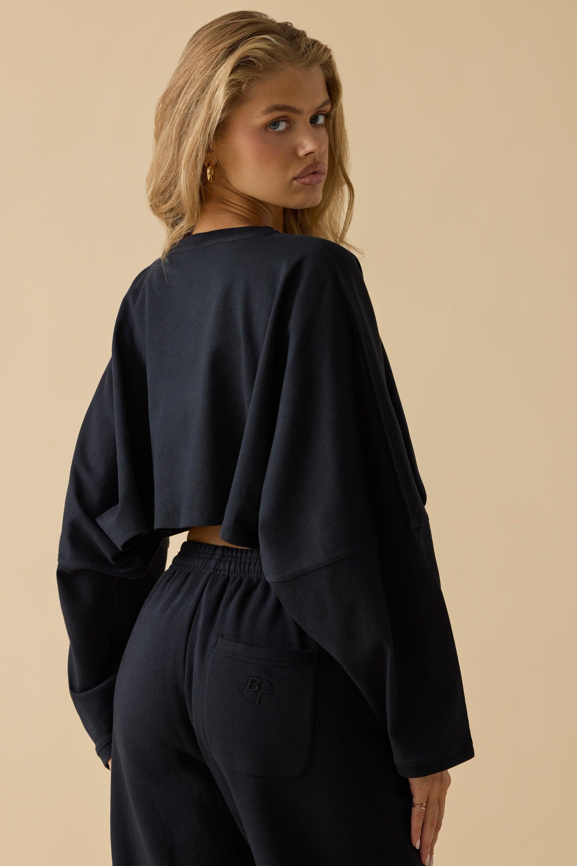 Oversized Long Sleeve Crop Top in Black Product Image