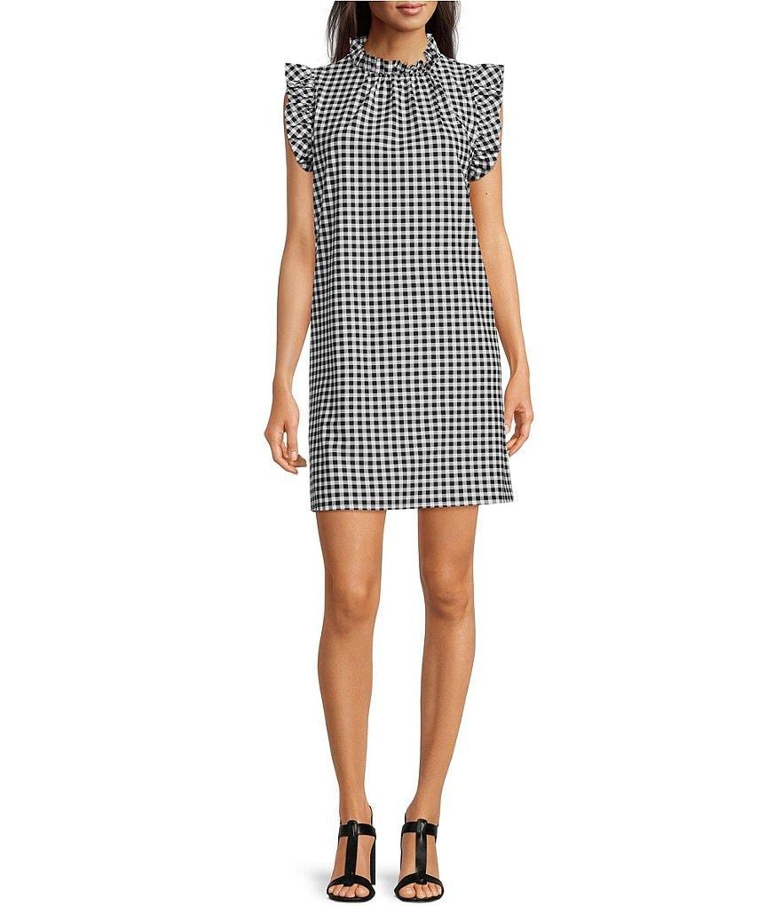 Jude Connally Shari Stretch Knit Gingham Print Ruffle Trim Mock Neck Cap Sleeve Shift Dress product image