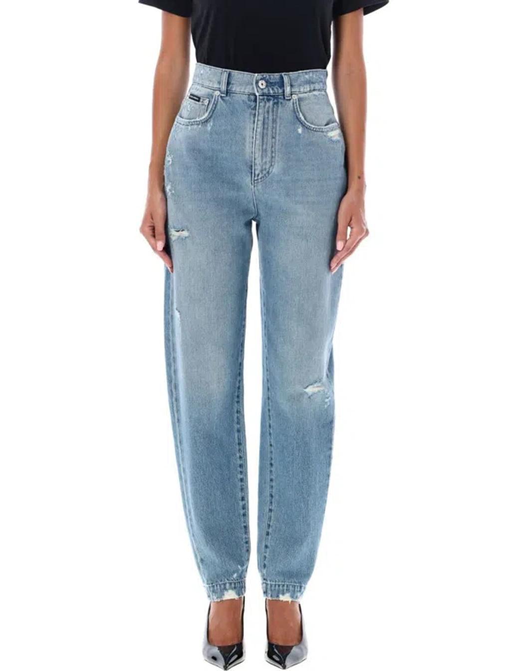 High-waisted Distressed Denim Trousers In Blue Product Image